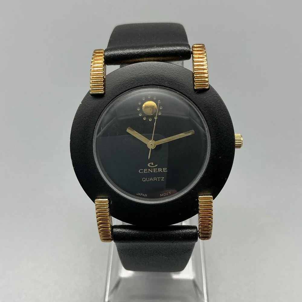 Vintage Cenere Mens Watch 34mm Black Dial Gold Tone Lugs Leather New Battery